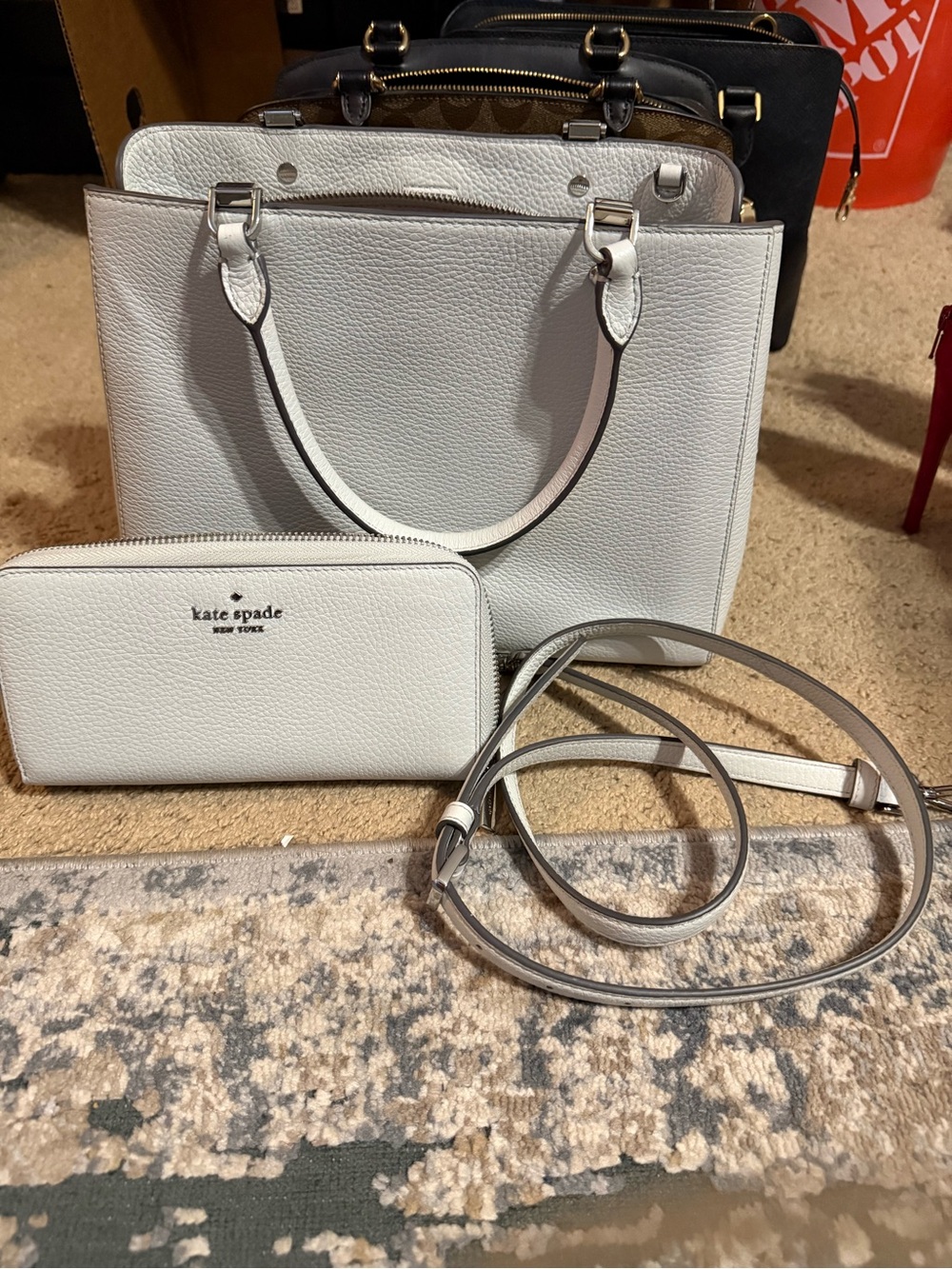 kate spade Greyish-white Pebbled Leather Tote with Wallet and Strap